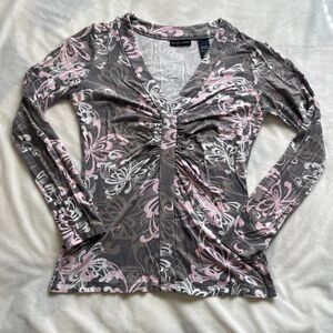 Vintage Y2K New York & Company grey & pink floral long sleeve top size small
